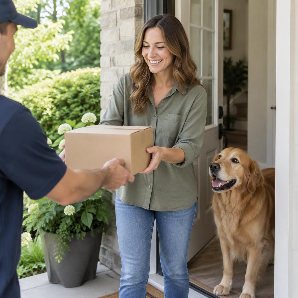 A pet owner receiving a delivery at their door
